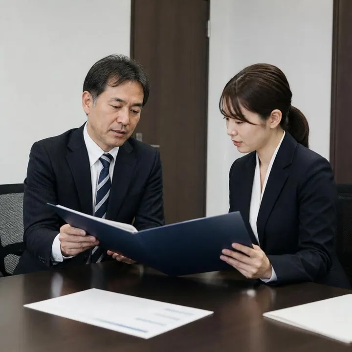 会議室で人材紹介会社の担当者と採用計画を話す社長