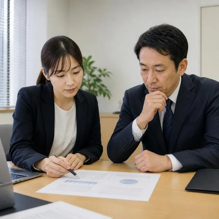 面接の前に、適性検査の結果シートを見ながら質問を準備する人事担当の2人