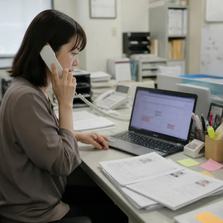 書類とパソコンに囲まれ、一人で採用業務をこなす総務担当の机
