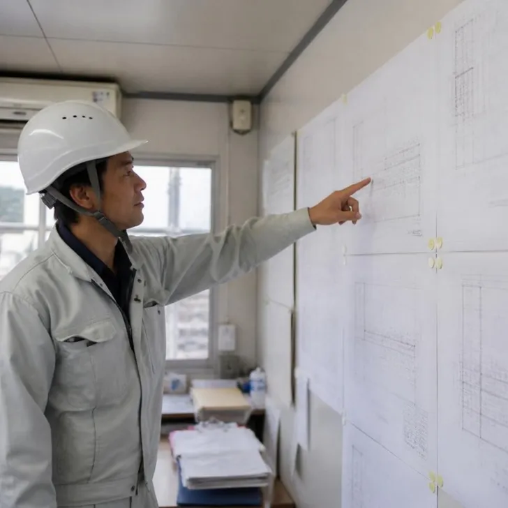建設会社の会議室で、社長が紹介会社の担当と求人票を確認する場面(イメージ)
