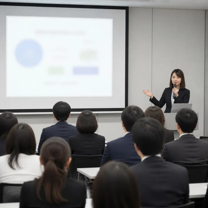 会社説明会の会場で、受付とスライドの準備をするスタッフ(イメージ)