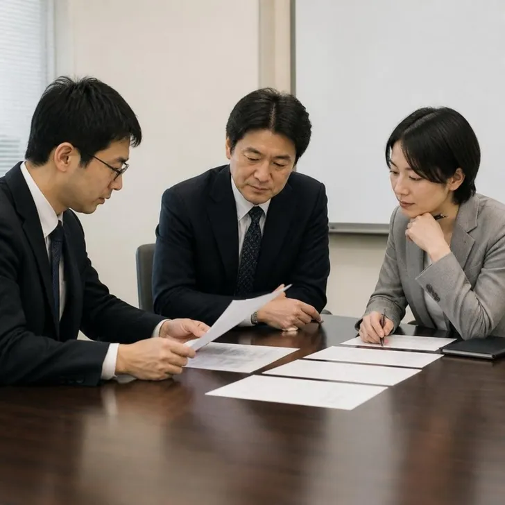 面接官3人が同じ評価表を見ながら話し合う場面(イメージ)