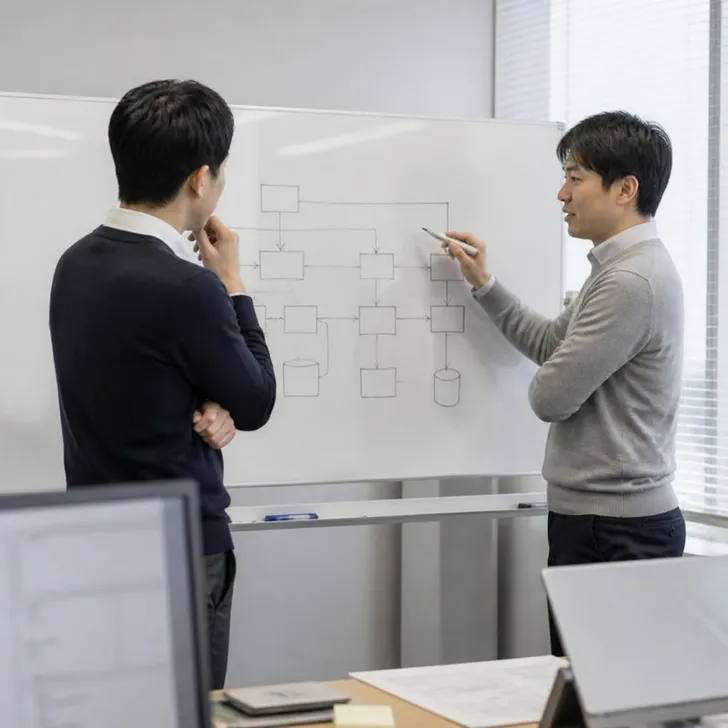開発チームのリーダーと人事担当が、紹介された候補者の経歴を見ている場面(イメージ)