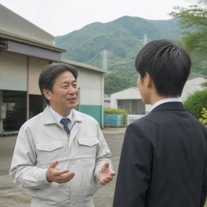 地方の工場の事務所で、工場長が応募者に電話をかける場面(イメージ)