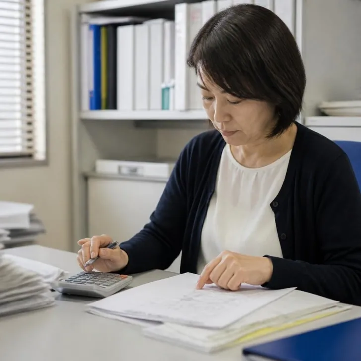 経理部門のデスクで、引き継ぎの資料をまとめる担当者(イメージ)