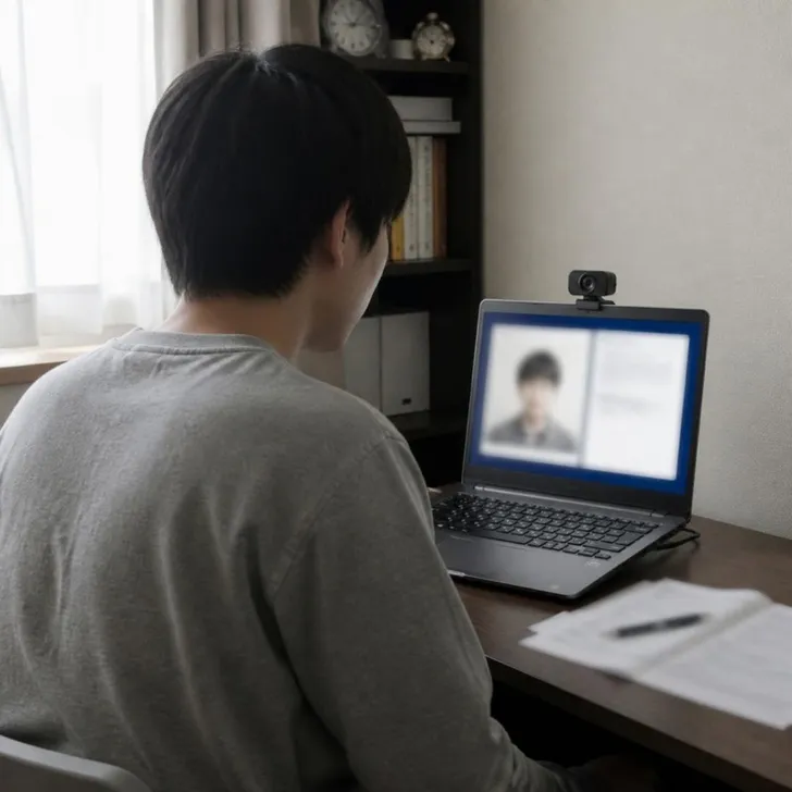 パソコンで受検する応募者と、本人確認の画面(イメージ)