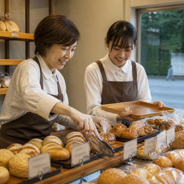 店舗の休憩室で、店長がパートの方とシフト表を確認する場面(イメージ)
